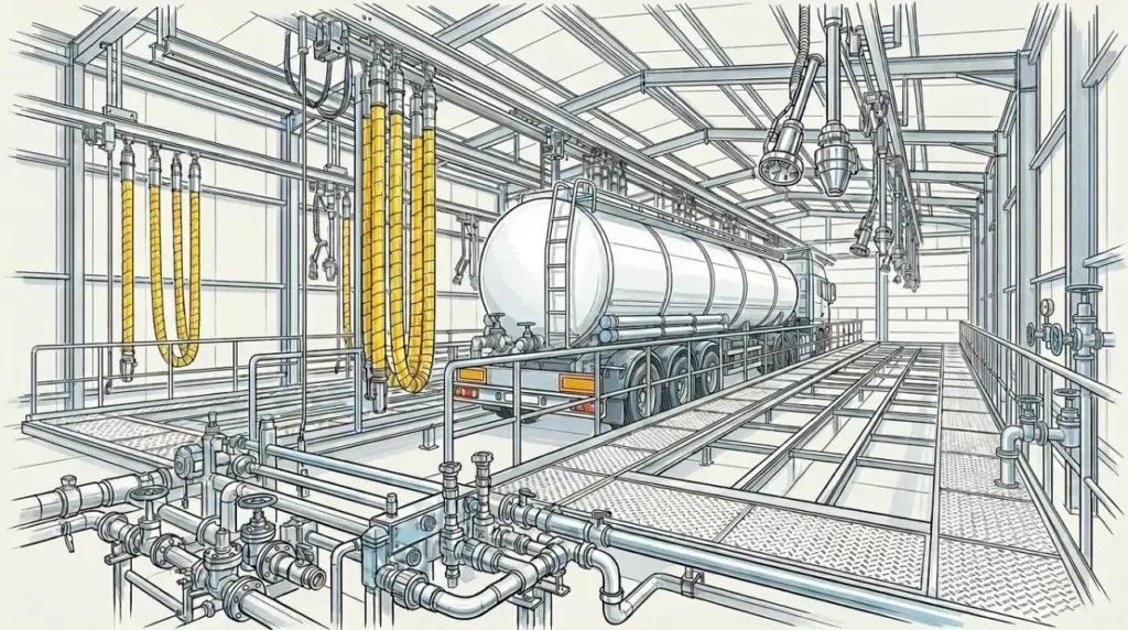 Generated color sketch that displays a tanker truck inside a tanker truck cleaning station.